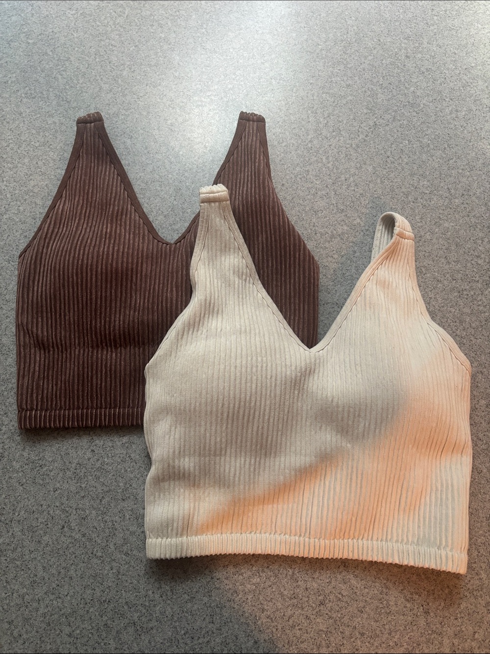 Ribbed V-Neck Crop Top - Cream and Brown